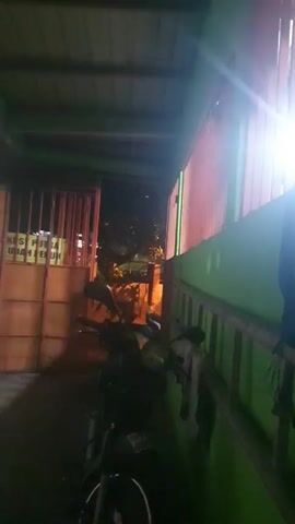 Here is a concise description of the video:

The video shows a partially obscured view of a parked motorcycle next to a building at night. The building is painted green and has a red-gridded section. A gate with faded writing on it is visible in the background. The area is dimly lit with streetlights visible in the distance. The camera remains stationary throughout the video.