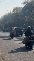 Heavy mixed traffic flows through a sunlit road in Gelam