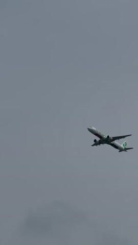 A passenger jet with green lettering and a green logo on its tail climbs into a cloudy sky. The plane is white with green and pink accents on its fuselage. The engines are visible under the wings. The plane's landing gear is retracted. The sky is overcast and gray.