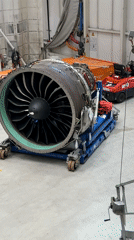 Jet engine on platform observed in Sofia warehouse