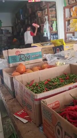 A young boy wearing a red and white shirt is standing in a small store. He is holding a red and white cylindrical object, possibly a can or bottle. The store is filled with shelves stocked with various products, including packaged food items and beverages. In the foreground, there are cardboard boxes containing fresh produce such as tomatoes and chilies. The chilies are of two varieties: small green ones and longer red ones. The lighting in the store appears to be natural and artificial, creating a moderately lit environment. The overall scene suggests a small, possibly family-run, convenience store or market.
