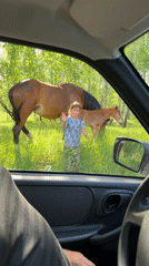 Girl rides bareback on horse through rural Russian village