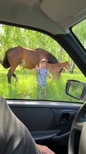 Girl rides bareback on horse through rural Russian village