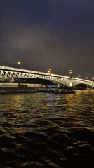 Night cruise past an illuminated bridge in St. Petersburg