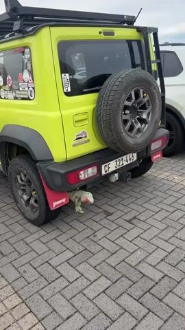 The video shows a lime green Suzuki Jimny parked on a paved surface. A large stuffed green dinosaur toy is seen protruding from under the rear bumper of the vehicle, near the license plate which reads "CF 321-446." The toy appears to be a T-Rex with a pink mouth and yellow claws. The car has a spare tire mounted on the rear door. There are several stickers on the left side of the vehicle above the taillight. The car also has red mud flaps with the word "Jimny" written on them. The focus is primarily on the toy dinosaur and the back of the car.