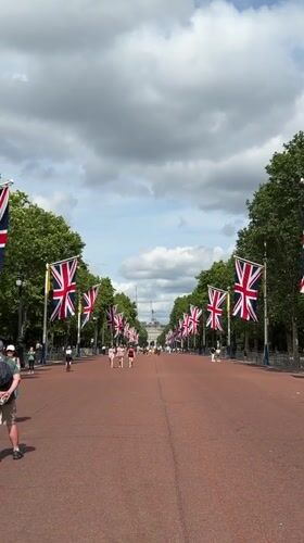 Buckingham Palace and The Mall on a flag-lined June day