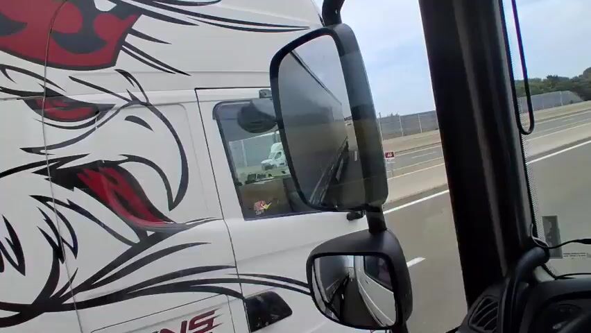 This media file captures a view from the driver's seat of a truck traveling on a highway. The main subject is the truck itself, with its distinctive white cab featuring a stylized red and black dragon graphic. The truck is in motion, indicated by the blurred side mirror and the perspective of the road ahead.

The scene is a multi-lane highway in France, as suggested by the signage. The weather appears to be overcast, with a generally muted color palette. The time of day is likely daytime, given the ambient light.

The activity is transportation, with the truck driving on the highway alongside other vehicles, including cars and other trucks. A GPS device is visible on the dashboard, displaying a map and potentially navigation instructions.

Notable details include the presence of a digital highway sign displaying "19MN" and "ORANGE," likely indicating travel time or traffic information. The side of the truck also has some visible stickers and branding, though they are not fully legible. The overall impression is a routine journey on a highway, seen from the perspective of a truck driver.