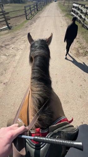 Horse riding documented on dirt road in Kamenka, Belarus