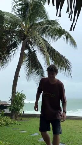The video shows a young male with light brown hair and tattoos on his arm standing outdoors. He is wearing a brown t-shirt with a graphic design and black shorts. He is looking down and smiling slightly. Behind him is a tall palm tree and lush green vegetation. In the background, there is a glimpse of the ocean with waves. The sky is overcast, suggesting cloudy weather. The setting appears to be a tropical location, possibly a resort or a home with a view of the sea.
