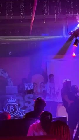 The scene appears to be a dimly lit nightclub or lounge, with a DJ set up in the background next to a mural of a face. Two figures are standing on what appears to be a small stage or elevated area. People are standing and moving near the stage, presumably dancing or enjoying the music. The lighting is primarily pink and blue, with a spotlight on the figures on stage. A projector screen is behind them, possibly showing visuals. The room has a somewhat casual or tropical vibe, suggested by the thatched elements on the ceiling. There is a logo with a crown on a table in the foreground.