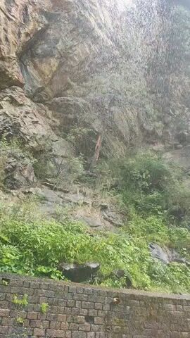 A video of a waterfall crashing against a stone wall, with lush green foliage growing on the cliff face. The water cascades down the rocks and splatters on the ground below. A small, dark object, possibly a piece of debris, is visible near the top of the waterfall, partially obscured by the water. The sun appears to be shining from the right side of the frame, casting shadows on the cliff and illuminating the spray from the waterfall. The overall impression is one of a natural, untamed environment.