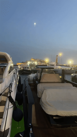 Boats docked at an Ibiza harbor on a summer night