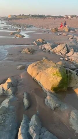 The video shows a rocky beach at sunset. In the foreground, there are large, smooth rocks with some moss growing on them. The sand is wet and reflects the golden light of the setting sun. In the background, there are people walking on the beach and in the shallow water. The ocean is calm, with gentle waves. The sky is a soft pink and orange, and the overall atmosphere is peaceful and serene.
