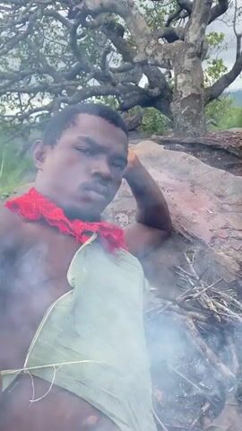 This is a video of a young Black man in a natural outdoor setting, likely in Igbara, Nigeria. He is shirtless, wearing a vibrant red ruffled fabric around his neck and a large green leaf draped over his torso, secured with a thin vine or grass at his waist. His skin is dark and his hair is short. He has a serious expression as he looks directly at the camera.

The background shows lush green foliage, tall grass, and a large, gnarled tree with branches reaching overhead. There are rocks and what appears to be a small, smoldering fire with sticks and ash in the lower right portion of the frame, emitting a wispy smoke that partially obscures the man. The lighting suggests it could be daytime, possibly late afternoon or early morning, given the diffused light and the slightly overcast sky visible through the tree branches. The man's posture and the way he is dressed suggest he may be participating in a cultural or traditional activity, possibly a ritual or ceremony, given the symbolic attire and the presence of the fire. The overall mood is one of solemnity and connection to nature.