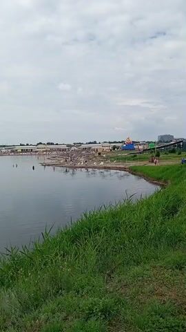 A panoramic view of a large body of calm water is captured from a grassy embankment. The water reflects the overcast sky. In the distance, across the water, a shoreline is visible with various structures. These include a long, low building, a factory or industrial complex with a prominent red and grey tower, and several smaller buildings. A line of white objects, possibly birds or people, are scattered along the distant shoreline. The overall scene suggests a calm, possibly industrial, waterfront environment on a cloudy day.