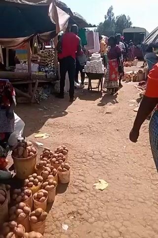 This video depicts a bustling outdoor market scene in Ngenyilel Ward, Kenya. The time of day appears to be late morning or early afternoon, indicated by the bright sunlight casting distinct shadows on the dusty ground. The weather is sunny and clear.

The market is filled with people, likely vendors and shoppers, engaged in commerce. Several individuals are seen walking through the market, some carrying bags, suggesting they are either making purchases or transporting goods. One person in a red shirt and black pants is visible on the left, and another woman in a white shirt and floral skirt is in the center of the frame, holding a plastic bag. A woman in a patterned dress is also walking through the market.

Various goods are displayed for sale. In the foreground, several large woven baskets are filled with potatoes. Further into the market, piles of red onions and what appear to be tomatoes are visible on the ground, spread out on tarps. There are also stacks of white fabric or paper goods on a table to the left, covered by an umbrella. Various stalls and makeshift structures, some with umbrellas providing shade, are set up to display merchandise. A white truck is parked in the background, and other vehicles are partially visible.

The overall atmosphere seems active and lively, typical of a local marketplace. The ground is unpaved and appears to be a mix of dirt and gravel, common in rural or semi-urban areas. The presence of numerous people and a variety of produce suggests a functioning local economy. No visible text is present in the video.