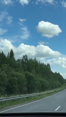 The video is a first-person perspective of a car driving on a highway. The road is asphalt with a white line marking the lane. A metal guardrail runs along the left side of the road. Beyond the guardrail is a dense forest of green trees. The sky is blue with scattered white clouds, one prominent fluffy cloud in the center right. The video is relatively stable, suggesting a smooth drive. There are other vehicles visible in the distance on the highway. The lighting indicates it is daytime.