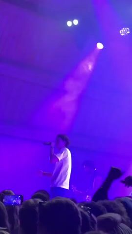 The video begins with a close-up of a person singing into a microphone on a stage illuminated by purple lighting. The person is wearing a light-colored t-shirt and dark pants. Another person, wearing a dark sleeveless shirt, is visible behind and to the right of the singer. The stage has a wooden ceiling structure. In the foreground, the silhouettes of a crowd are visible, with some people holding up phones to record. The camera then pans to a wider shot of the crowd, which is densely packed and facing the stage. The lighting shifts to a mix of purple and green, illuminating trees in the background. The video ends with a shot of the crowd from behind, looking towards the stage which is now brightly lit with white and purple lights, and filled with smoke. The overall scene depicts a live concert performance with an energetic audience.