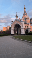 Orthodox church with golden domes viewed in sunny Izhevsk