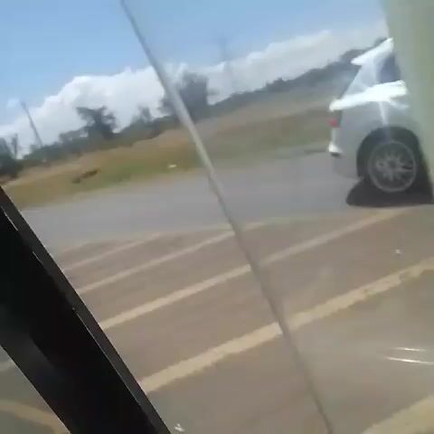 The video is taken from inside a vehicle moving along a highway in a rural area. The camera focuses on the view outside the passenger side window. The weather is sunny with some clouds in the sky. The landscape consists of dry grassland with scattered trees and bushes. A variety of vehicles pass by on the road, including cars, vans, and trucks. Some vehicles are white, and others are dark colored. There are power lines visible in the distance. At one point, a white car is seen pulled over on the side of the road. People are visible standing on the side of the road. Billboards are also visible along the highway.