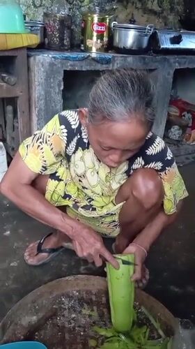 Elderly woman's morning routine documented in Baron, Indonesia home