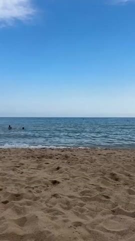 A serene beach scene unfolds with golden sand in the foreground. Gentle waves lap at the shore under a clear, bright blue sky. In the distance, a few people are enjoying the water, their bodies partially submerged. The horizon is a crisp line where the sea meets the sky. The overall atmosphere is peaceful and inviting, evoking a sense of summer relaxation.