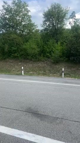 The video shows a roadside view from a moving vehicle. The road is asphalt with a white line marking the lane. On the left side of the road, there is a grassy embankment with trees and vegetation. Several black and white striped posts are visible along the edge of the embankment. In the distance, there are more trees and a cloudy sky. As the vehicle moves, the view pans to reveal a rest stop area with trash cans, a blue bucket, parking spaces, and a building that appears to be a restroom facility. A truck and several other vehicles are visible in the parking area. The lighting suggests it is daytime.