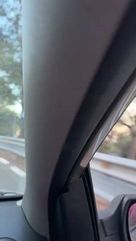 The video shows a first-person perspective from inside a car driving on a paved road. The road is bordered by a metal guardrail and trees. The sky is visible through the trees. A yellow tag is visible on the windshield. The camera moves slightly as the car drives.