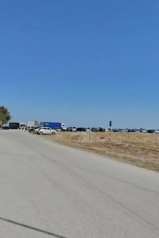 The video shows a wide-angle view of an outdoor parking area on a sunny day. The ground is covered in dry grass and dirt. In the background, there are many cars parked in rows, appearing to be in a field next to a road. Some trees are scattered throughout the scene, with one particularly prominent tree on the right side of the frame. The sky is clear and blue. There are no visible people in the frame.
