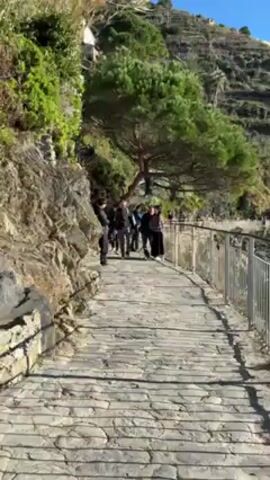 The camera travels along a paved stone path bordered by a metal railing on one side and a rocky hillside with vegetation on the other. A group of people walk ahead on the path. As the camera continues, the view opens up to a vista of a town built into the side of a mountain, with colorful buildings clustered together. The town slopes down toward the sea, which is visible below, with waves crashing against the rocks. The sky is clear and blue.
