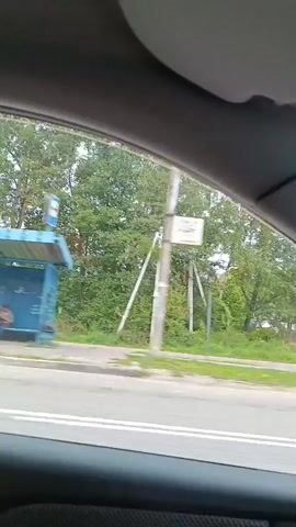 The video shows a view from inside a car driving on a road. The landscape outside consists of trees, houses, and a cloudy sky. The car appears to be traveling through a rural area. There are occasional road signs visible, indicating turns and possibly speed limits. The interior of the car shows a part of the dashboard, a side mirror, and a window. The video appears to be a continuous recording from a moving vehicle.