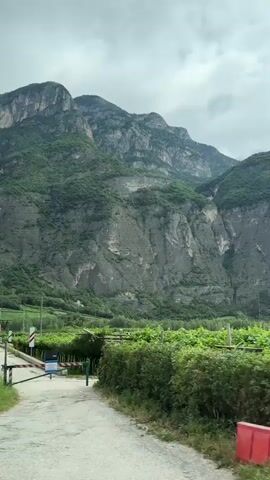 The video shows a drive through a mountainous area with vineyards. In the foreground, a large wooden cross with a reflective mirror is visible. There are road signs, including a speed limit sign of 30. The road is paved, and a white line marks the edge. A car is seen driving in the distance. The background is dominated by large, green, rocky mountains. The sky is overcast.
