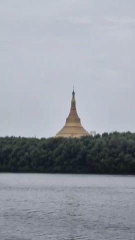 A golden stupa, topped with a spire, rises above a dense line of dark green trees. The stupa has multiple tiers and appears to be made of a reflective material, possibly gilded. The trees form a thick, unbroken band across the middle of the frame. In the foreground, a body of water with choppy, gray-blue waves stretches across the bottom. The sky above is overcast and a pale gray.