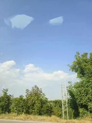 The video shows a view from a moving vehicle, likely a car or bus, looking out the side window. The scene is dominated by a bright blue sky with a few wispy white clouds. Lush green trees and bushes line the right side of the frame, creating a natural landscape. In the foreground, a section of a road or highway is visible, with a white barrier or guardrail separating it from the natural scenery. At one point, a concrete overpass or bridge structure appears on the left side of the frame, casting a shadow. The camera pans slightly, giving a dynamic perspective of the passing environment. No people or specific actions are depicted, only the passing scenery.