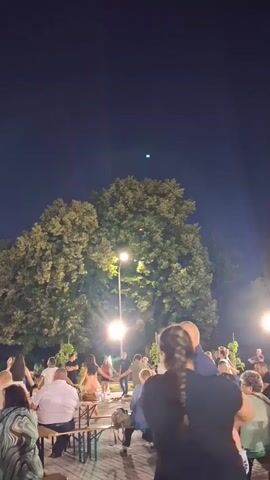 This is a vertical, nighttime video set in an outdoor gathering, likely in Malomir, Bulgaria, given the context. The scene is illuminated by artificial lights, with streetlights visible among large, leafy trees. A group of people are gathered, many seated at picnic tables. In the foreground, a woman in a black shirt holds a baby, lifting it up as if in celebration. The baby is dressed in a blue outfit. Behind them, a circular group of people are dancing, their movements suggesting a folk dance or celebratory ritual. Some of the dancers appear to be holding hands, forming a ring. The overall atmosphere seems festive and communal. The time of day is clearly night, indicated by the dark sky with a faint object visible high above, possibly a distant light or celestial body. The weather appears calm, as people are outdoors without obvious protection from the elements. The video captures a moment of joy and cultural expression, possibly a birthday celebration or a local festival.