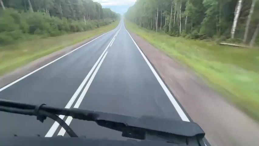 The video shows a first-person perspective of a vehicle driving on a paved road through a forest. The road has a double white line in the center. The trees on either side of the road are lush green. The sky is overcast. The windshield wipers are visible in the foreground, suggesting it may be raining or has recently rained. The overall impression is one of a scenic drive through a natural environment.