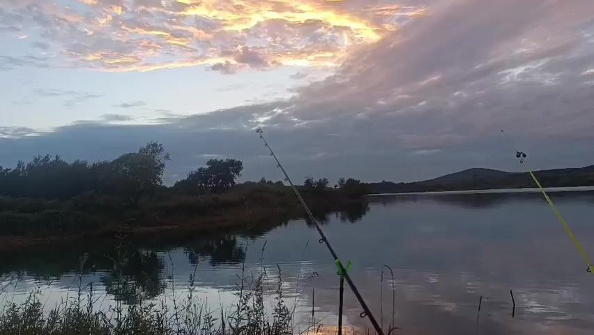 The video shows a serene lake scene at dusk. Two fishing rods are set up on the shore, with their tips pointed towards the water. The sky is filled with dramatic clouds, illuminated by the setting sun, casting warm hues of orange and yellow. The lake is calm and reflects the sky, creating a mirror-like effect. Lush green vegetation lines the foreground, adding to the natural beauty of the setting. The overall atmosphere is peaceful and tranquil.