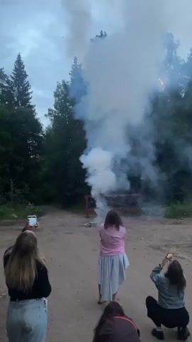 The video shows a group of people watching fireworks. The first frame captures a large plume of white smoke rising from a wooded area. Several individuals are visible from behind, observing the event. In the subsequent frames, the fireworks explode in the sky, creating streaks of light and further smoke. The setting appears to be outdoors, possibly a rural or suburban area, with trees forming a backdrop. The lighting suggests it is dusk or evening. The people are positioned at a safe distance, with some capturing the display on their phones.