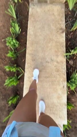 A person wearing white shoes and shorts walks along a stone pathway leading to a lookout point with a scenic view. The camera is positioned from the person's point of view, moving forward along the path. On either side of the path is soil with some green plants. As the person walks closer, the view opens up, revealing a mountain range shrouded in clouds, with a tree standing prominently at the end of the path near the lookout point. People can be seen seated at the lookout point under a white umbrella. The sky is partly cloudy with the sun filtering through, creating a bright, ethereal atmosphere.