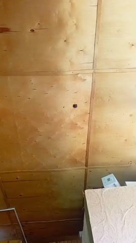The video is an upward-facing shot of a room with a wooden paneled ceiling. A dark, circular object is visible on the ceiling in the center of the frame. To the right, a large mattress or bedding item is propped up. On the left side of the frame, there is a wooden beam running diagonally down and to the left. Below the beam and to the left, there are more wooden panels, a white object, and part of a brown armchair. The bottom of the frame shows a person's legs, clad in dark socks, resting on the armchair. The lighting suggests it is daytime.