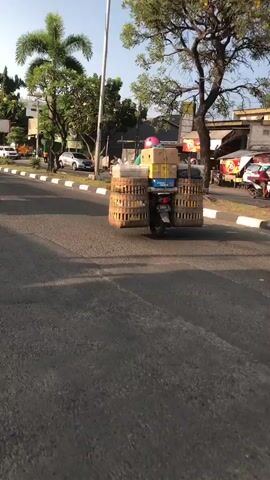This media file depicts a street scene in Tenggulunan, Indonesia, likely during daylight hours given the clear shadows and bright sunlight. The primary subjects are motorcycles, which are prevalent throughout the video.

In the first few seconds, a motorcycle is seen from behind, laden with a substantial amount of cargo. Two large, cylindrical woven baskets are strapped to its sides, and several boxes, including one pink one, are stacked on the rear rack. This suggests the motorcycle is being used for transportation of goods, possibly for delivery or commerce.

The scene then shifts to a perspective from another motorcycle, showing a road with several other motorcycles parked on the side and some in motion. People are visible interacting with the motorcycles, either riding them or standing near them. The environment appears to be a busy urban or semi-urban area with buildings and trees lining the street. The road surface shows signs of wear, with visible cracks and patches.

Further into the clip, a rider on a dirt bike is prominently featured, performing a wheelie. This action introduces an element of recreation or a display of skill into the otherwise functional street activity. The rider is wearing a helmet, and the motorcycle appears to be modified for off-road use.

In the background, there are glimpses of shops and businesses, indicated by signage and storefronts. One sign is partially visible with what appears to be text in a foreign language, likely Indonesian. The overall atmosphere seems energetic, with the presence of multiple motorcycles and the dynamic action of the wheelie. The weather appears to be fair and sunny, contributing to the bright and clear visuals.