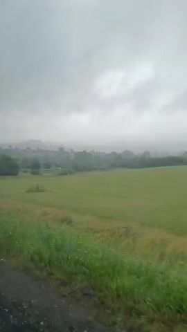 The video shows a view from a moving vehicle on a cloudy and hazy day. The landscape consists of green fields, some with patches of dry grass, and scattered trees. In the distance, there are hints of buildings and more trees, suggesting a rural or semi-rural area. A dirt road is visible in the foreground, with a grassy verge alongside it. There are signs on the side of the road, including a blue sign with text that is unreadable due to the distance and haze. The overall atmosphere is overcast and somewhat muted.