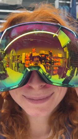 Woman poses with ski goggles in Belgrade suburb