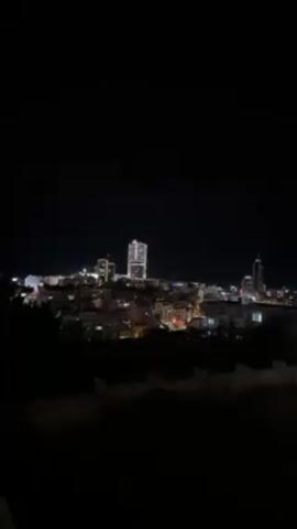 The video shows a dark night cityscape. In the distance, several buildings are visible, some with lights illuminating their exteriors. A particularly tall building stands out with its bright, white facade. The foreground is darker, filled with what appears to be vegetation or shadowed ground. The scene appears to be captured from an elevated perspective, overlooking the city below.