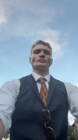 Dressed up under a cloudy London sky