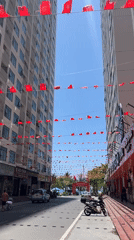 Red flags displayed across street in Nha Trang Ward