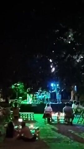 The video shows an outdoor music performance at night in Sant Joan Les Fonts, Spain. A band is on a stage, illuminated by colorful stage lights that shift between pink, blue, and white. Several musicians are visible on stage, playing instruments. In front of the stage, an audience sits on chairs or relaxes on the ground, watching the performance. Some audience members are holding up their phones to record or take pictures. The setting appears to be a park or outdoor venue, with trees in the background and small lights strung among the branches. The ground is covered in dirt or gravel, and there are wooden pallets and low tables set up in front of some audience members. The overall atmosphere seems relaxed and enjoyable, with people gathered to experience live music in a casual, outdoor setting at night.