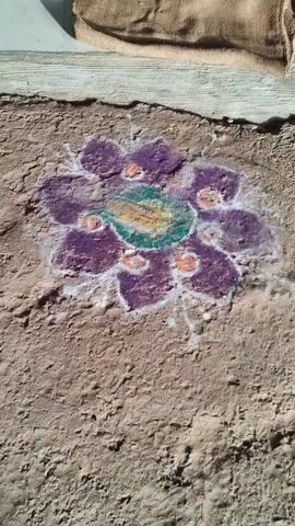 The video shows a colorful rangoli pattern on the ground, which is made from chalk powder. The rangoli is in the shape of a flower and has various colors, including purple, green, yellow, and white. In the background, a woman in traditional Indian clothing is seen walking towards a doorway. The doorway is decorated with lights and flowers, and there are mats laid out on the floor in front of it. The overall scene appears to be at the entrance of a temple or a house.