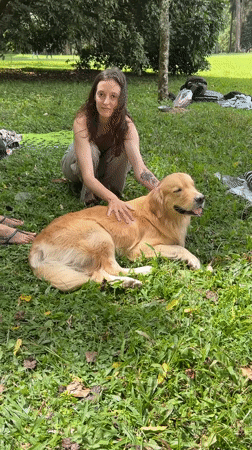 Couple enjoys early morning park time with golden retriever