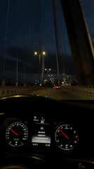 Blonde passenger captured during nighttime Mercedes bridge crossing
